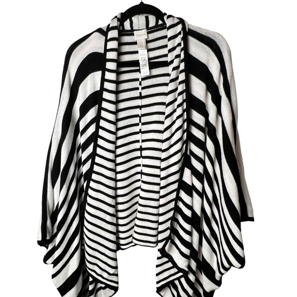 CHICO’S Sweater Poncho Shawl Cape Black/White Stripe Tassels One Size Blanket - Picture 7 of 8